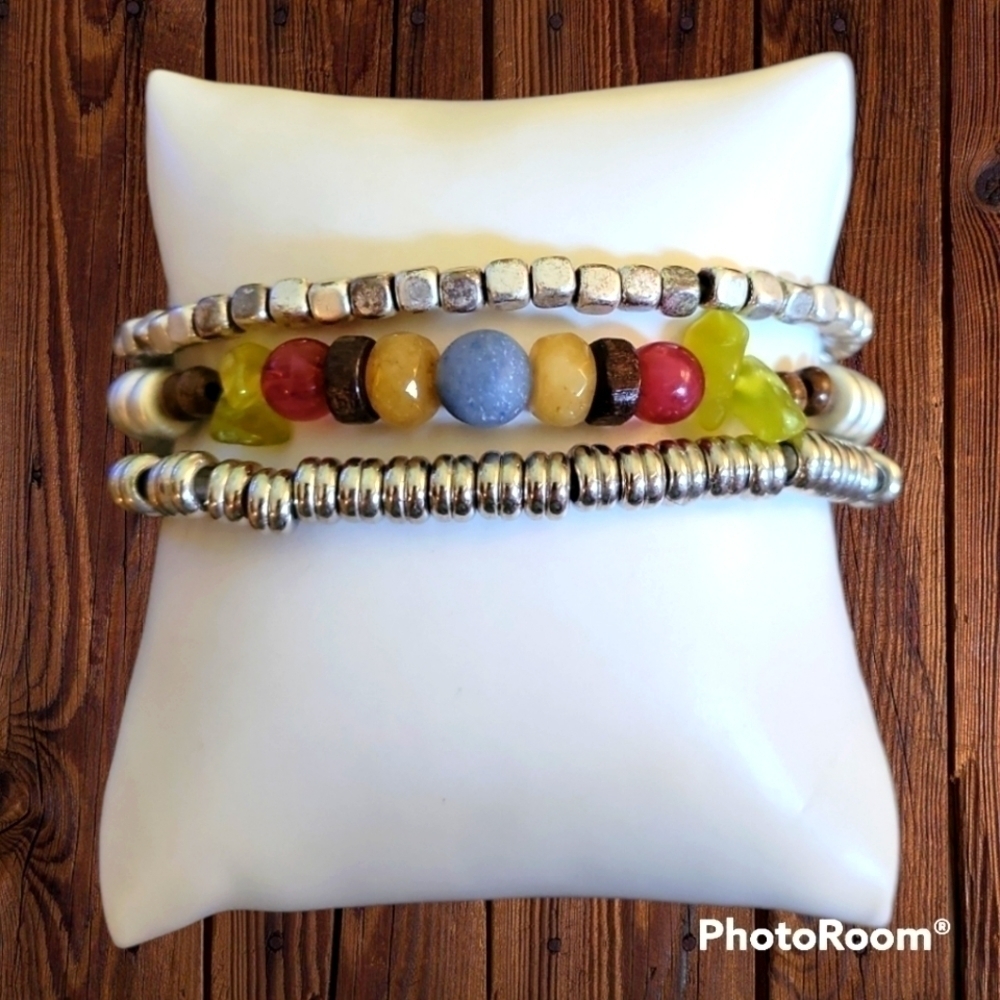 3/$30 Set of Three Men's Acrylic Rainbow Beaded Stretch Bracelets